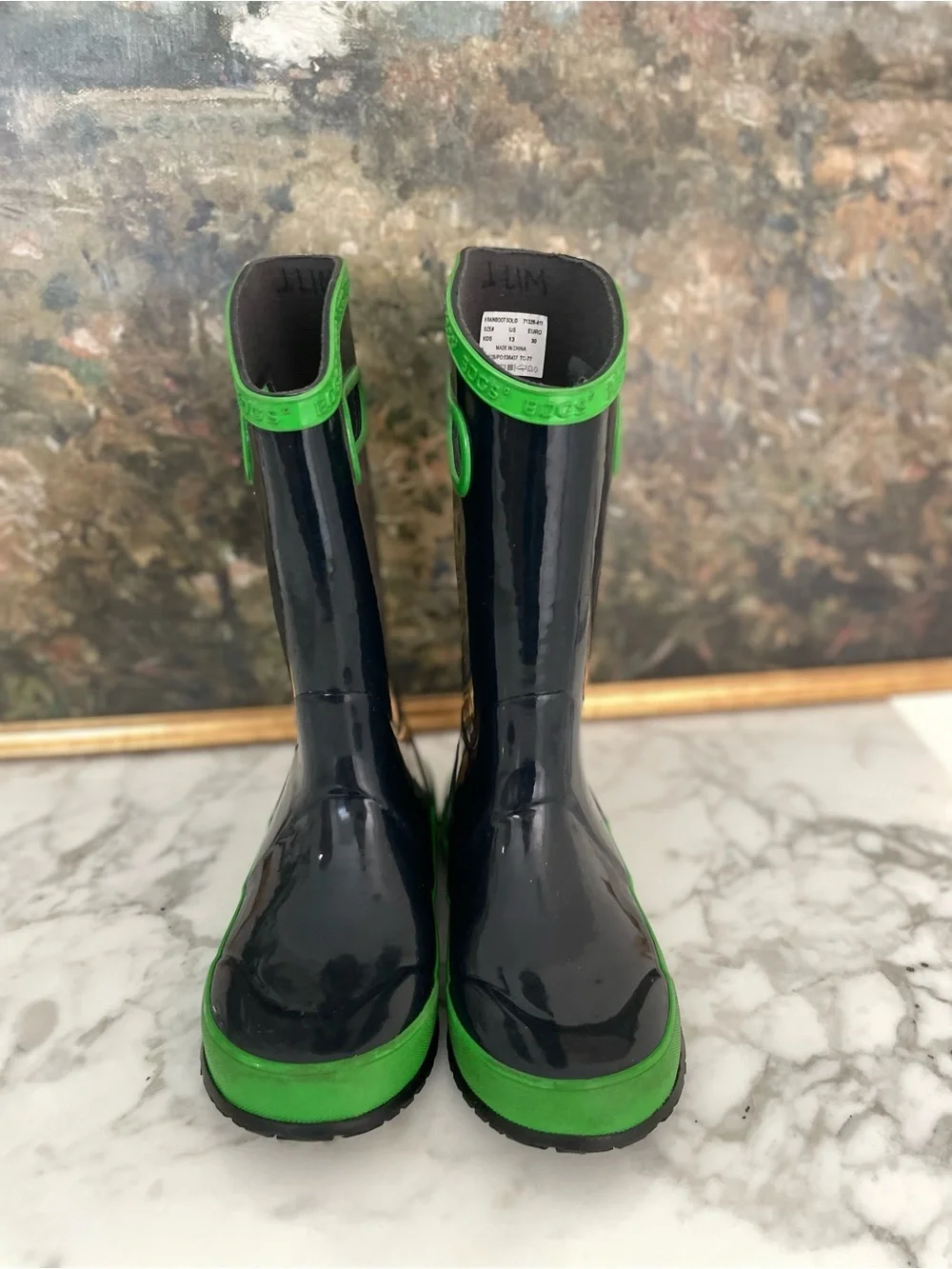 Bogs kids boots size 13 navy blue green waterproof rain snow pull on
